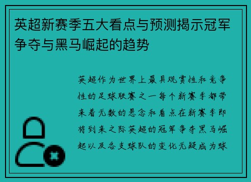 英超新赛季五大看点与预测揭示冠军争夺与黑马崛起的趋势