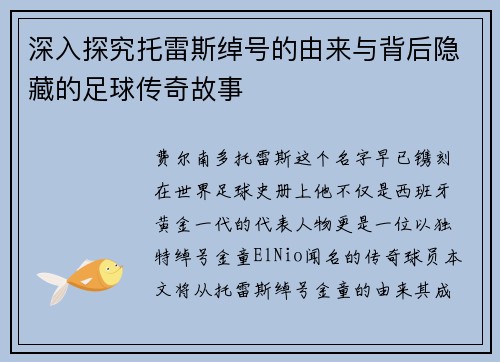 深入探究托雷斯绰号的由来与背后隐藏的足球传奇故事